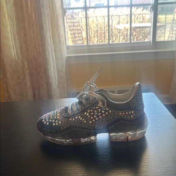 Stylish Dark Grey and Silver Women's Bedazzled Sneakers - Picture 2 of 11